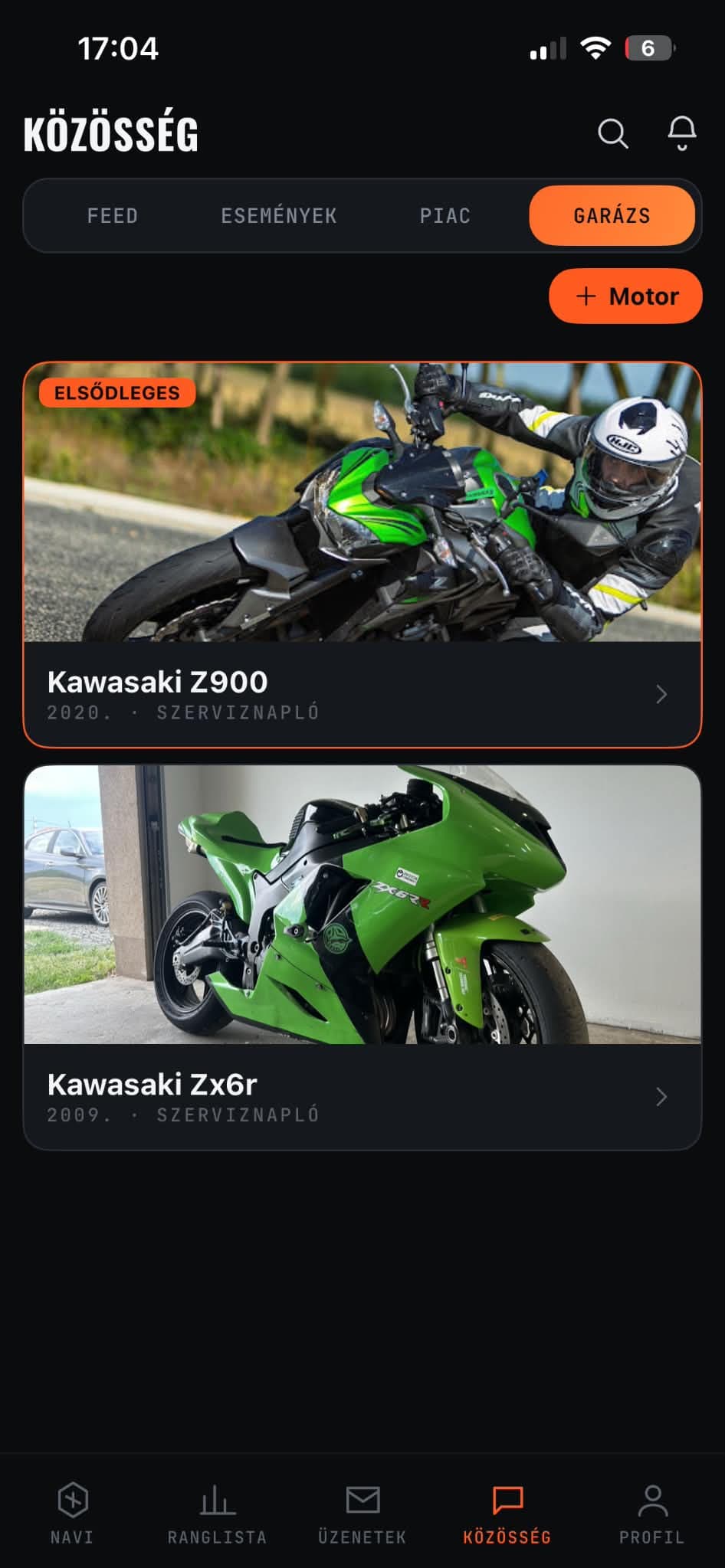 RiderHub garázs: a felhasználó motorjai szerviznaplóval