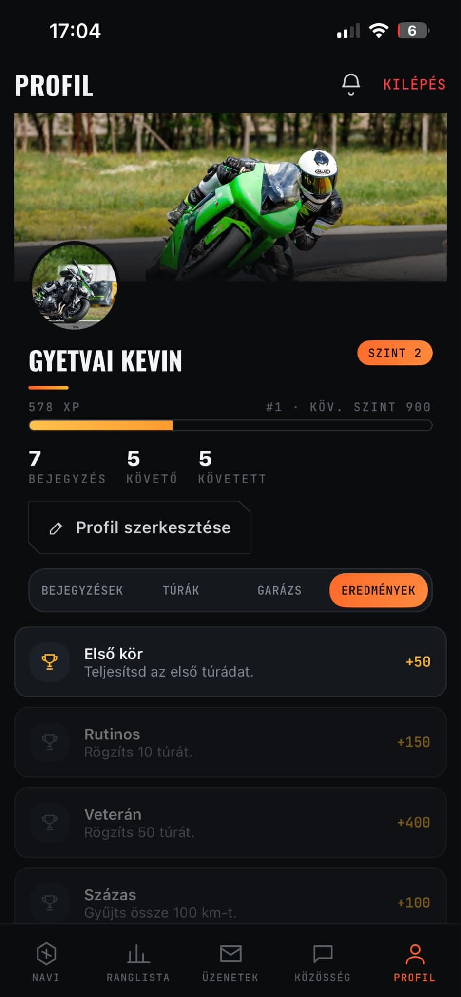 RiderHub profil: szint, tapasztalati pontok és teljesítmények