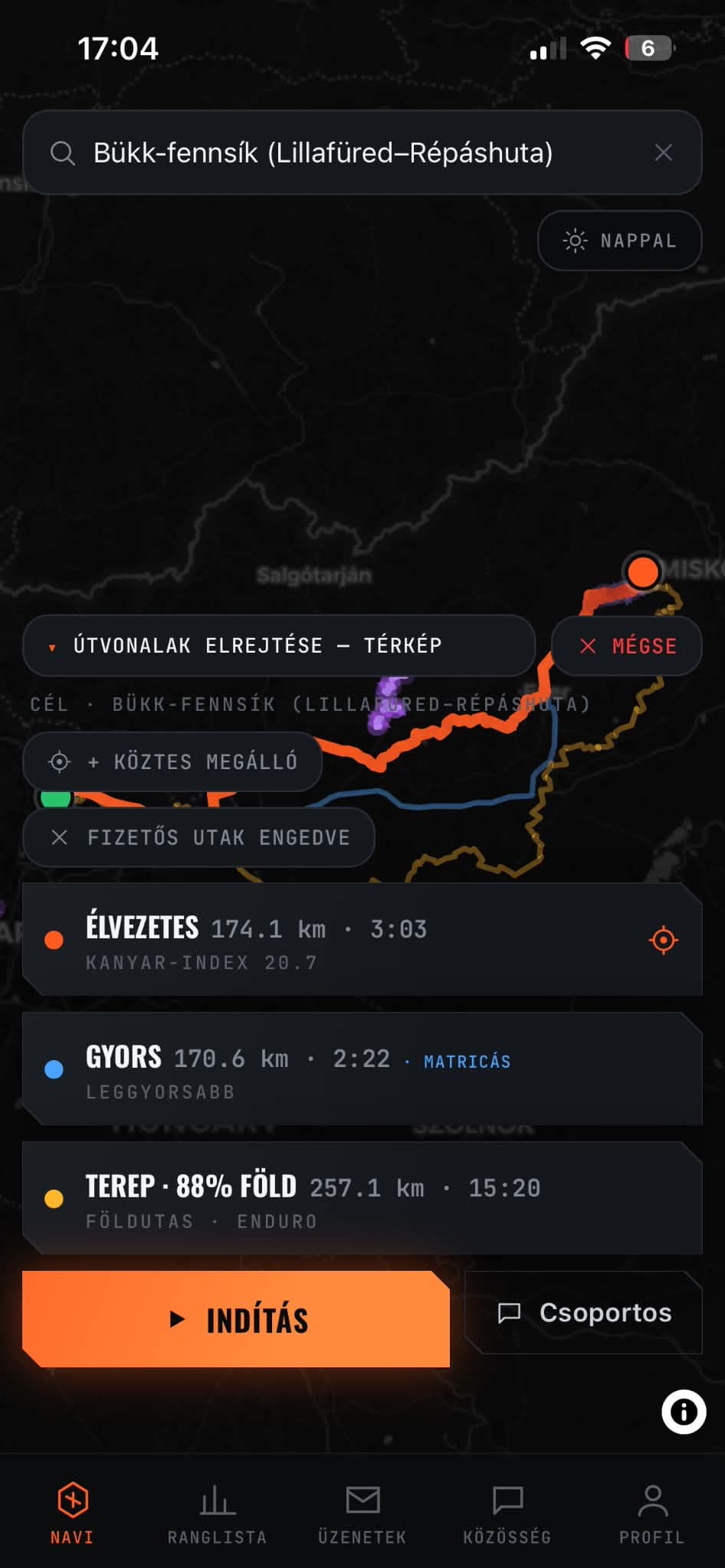A RiderHub útvonaltervező képernyője