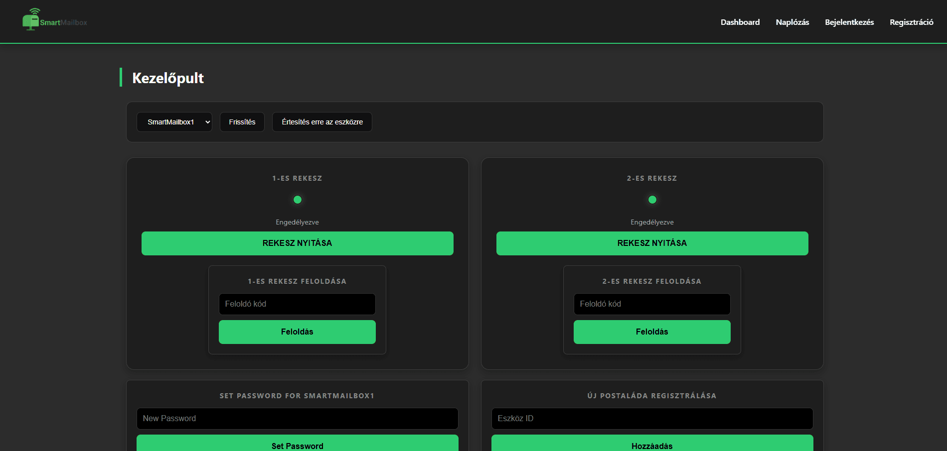 A SmartMailbox webes kezelőpultja